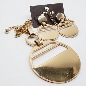 Chico’s Gold Tone Pendant Necklace Earrings Set Openwork Disc 19”